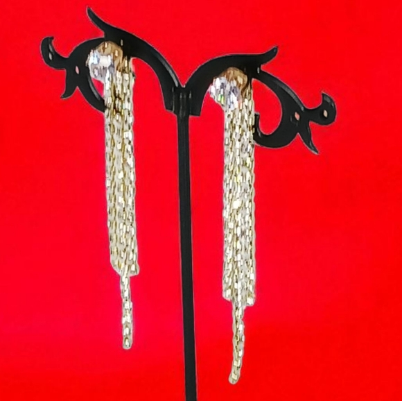 Diamond Stud Rhinestone Linear Drop Earrings Fringe Modern Retro Glam Showgirl - Picture 2 of 16